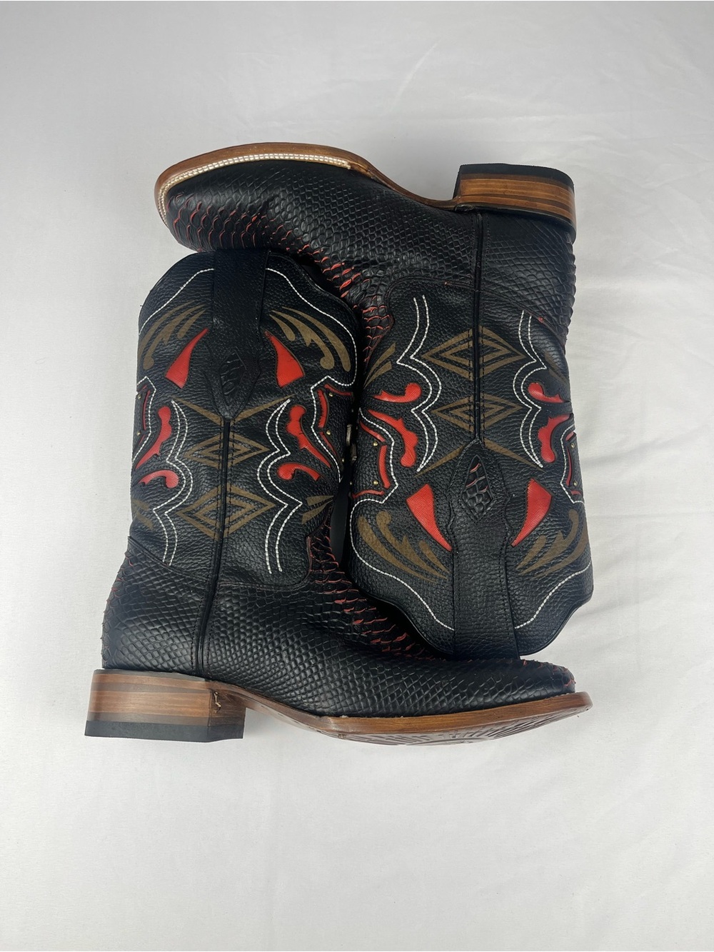 Men's Black Western Boots with Red & Brown Embroidered Accents